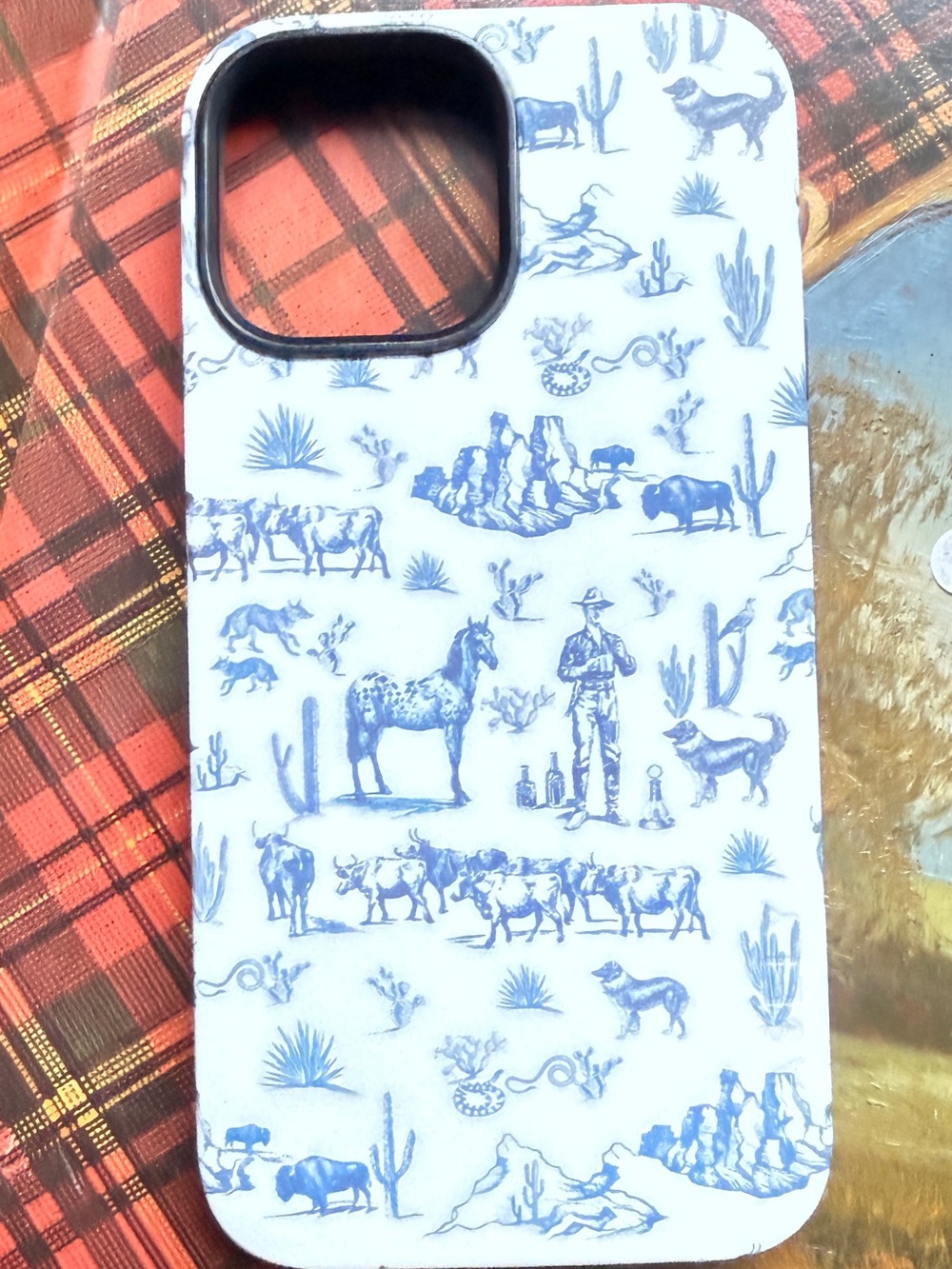 Casely Western Toile Cowboy Horse Desert Cactus Blue Cream iPhone Case